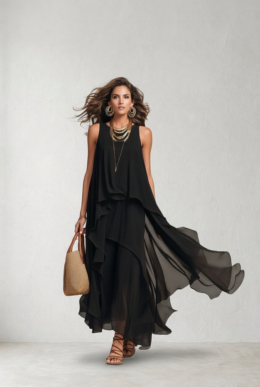 Kamila - Vestido maxi negro de gasa